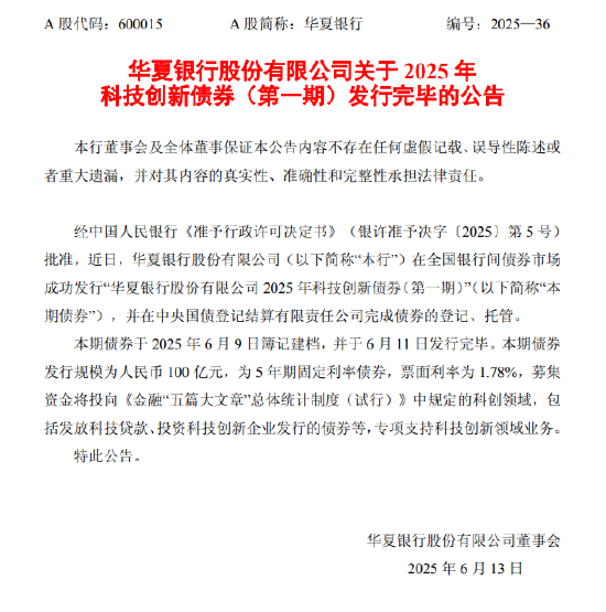 华夏银行：2025年科技创新债券（第一期）发行完毕
