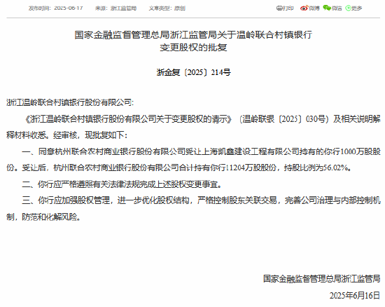 杭州联合农村商业银行获准受让温岭联合村镇银行1000万股股份