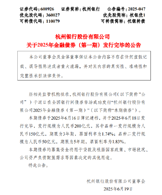 杭州银行：2025年金融债券（第一期）发行完毕
