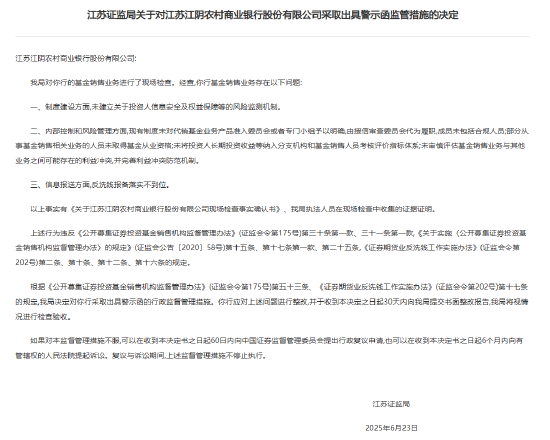 江苏证监局对三家农商行基金销售业务现场检查 两家收警示函、一家被责令改正