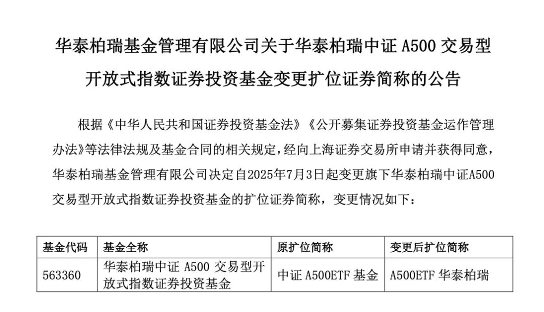 中证A500ETF新晋规模“冠军”，宣布更名！