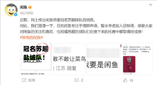 闲鱼否认将冠名“苏超”球队：专注于海鲜市场，暂未考虑加入足球场